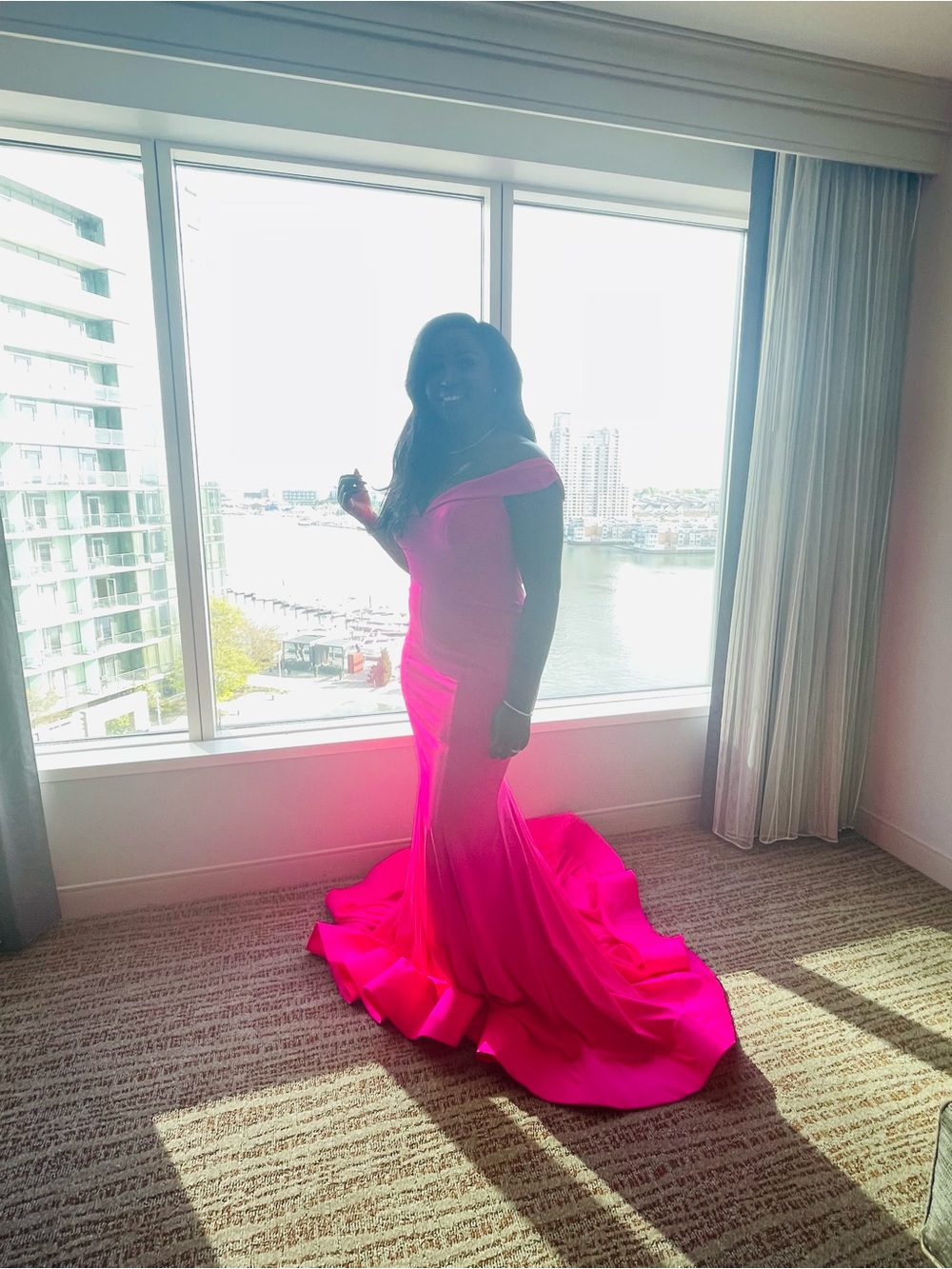 Off-Shoulder Hot Pink Mermaid Prom Dress